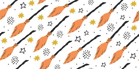 Witch seamless pattern. Elements for witches at school of magic in doodle style on white background - flying broom, stars, polka dots for kids. Minimalistic halloween pattern on white background - 469507104