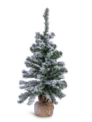 Fake Christmas tree with fake snow on branches. Roots covered in brown material. Isolated on a...