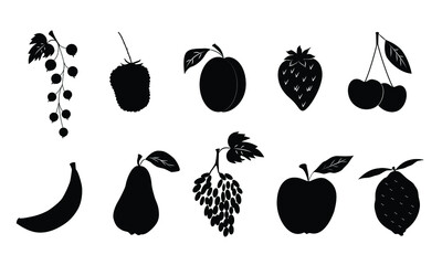 Black silhouettes on a white background, various fruits and berries: apple, pear, apricot, currant, cherry. Vector illustration.