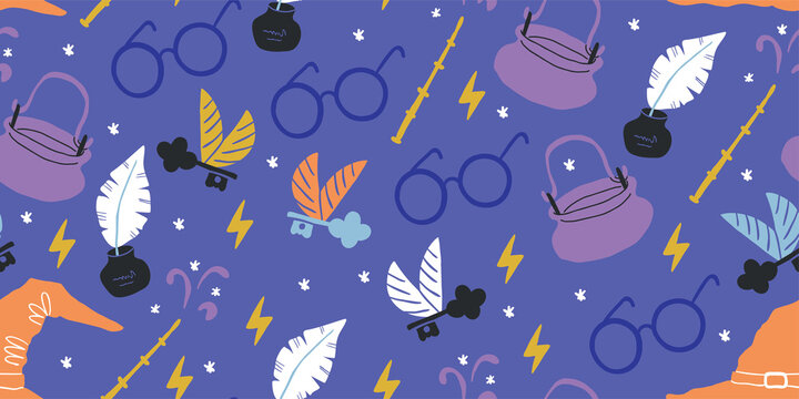 Seamless pattern: elements for witches and wizards in doodle style - owl, potion, round glasses, pot, kettle, letter, grail, goblet, candles, book of spells. Kids magic pattern