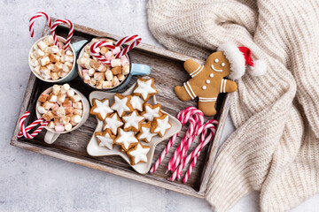 Gingerbread with mug of hot chocolate and christmas candy cane.
