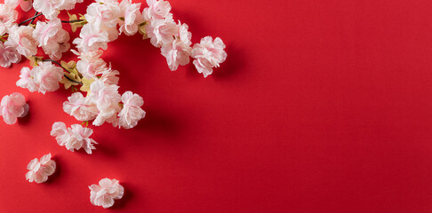 Chinese new year festival decorations made from plum blossom on red background. Flat lay, top view with copy space.