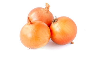 Three fresh onions head isolated on white background.