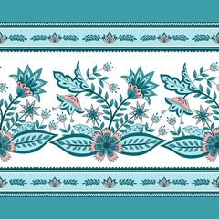 Flower chintz indian pattern seamless vector border print. Botanical batik paisley background. Arabesque floral ornament motif for decoration fabric, women clothing, scarf, wallpaper design. - 469508731