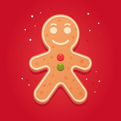 Christmas gingerbread man - sweet gingerbread cookie on red background with snowflakes. Cartoon colorful illustration