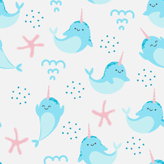 Seamless pattern with narwhal. Vector illustration for design, fabric or wrapping paper.
