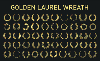 Set of golden vector laurel wreaths on black background. Set of foliate award wreath for cinema festival Vector illustration set 02