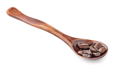 Coffee beans in a wooden spoon isolated on white background with clipping path