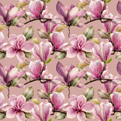 Seamless pattern of spring blooming branches of magnolia in a watercolor style.