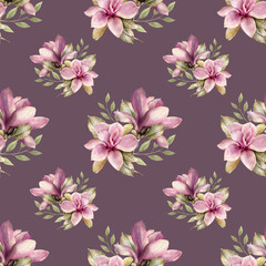 Seamless pattern of spring blooming branches of magnolia in a watercolor style.