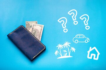Wallet with money on a blue background. White symbols and question mark