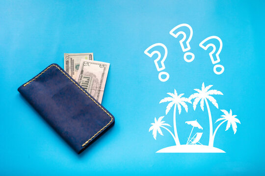 Wallet with money on a blue background. White symbols and question mark
