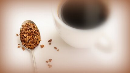 Chicory drink in spoon, in cup, isolated on table, on white background. Instant coffee. - obrazy, fototapety, plakaty