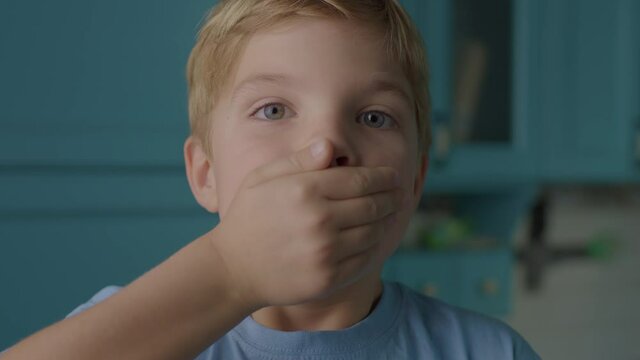 Shocked kid opening mouth and closing it with hand. Preschool boy showing shock or wow emotion looking at camera. Portrait of amused child.