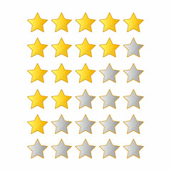 Five stars quality rating icon. Five stars customer product rating review isolated on white background. Feedback emoticon stars. Level of satisfaction rating. Vector stock.