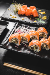 Perfect Sushi Japanese Asian Seafood Food Dish Menu Gourmet Restaurant Chef on Dark Background