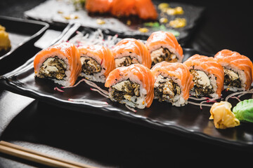 Perfect Sushi Japanese Asian Seafood Food Dish Menu Gourmet Restaurant Chef on Dark Background