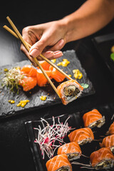 Perfect Sushi Japanese Asian Seafood Food Dish Menu Gourmet Restaurant Chef on Dark Background