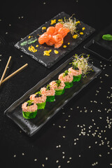 Perfect Sushi Japanese Asian Seafood Food Dish Menu Gourmet Restaurant Chef on Dark Background