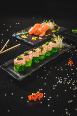 Perfect Sushi Japanese Asian Seafood Food Dish Menu Gourmet Restaurant Chef on Dark Background