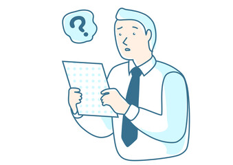 書類を見ているがよくわからないビジネスマン　シンプルな線画