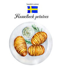 Hasselbeck. Swedish baked potatoes. Illustration watercolor - obrazy, fototapety, plakaty