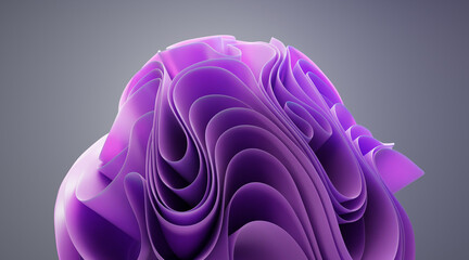 Abstract background with purple layered ruffles in shape flower. Wavy fashion wallpaper with layers and folds isolated on dark backdrop. Round curved decoration element of fabric or paper, 3d render