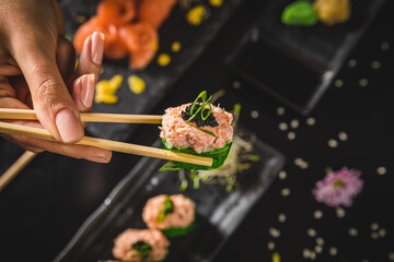 Perfect Sushi Japanese Asian Seafood Food Dish Menu Gourmet Restaurant Chef on Dark Background