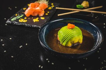 Fototapeta na wymiar Perfect Sushi Japanese Asian Seafood Food Dish Menu Gourmet Restaurant Chef on Dark Background