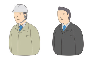 キリッとした表情の現場で安全ヘルメットをかぶっている男性と制服の男性