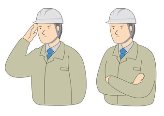 キリッとした表情の現場で安全ヘルメットをかぶっている男性　敬礼と腕組みポーズ