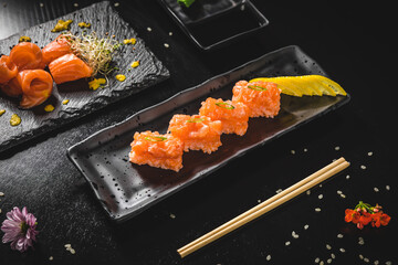 Perfect Sushi Japanese Asian Seafood Food Dish Menu Gourmet Restaurant Chef on Dark Background