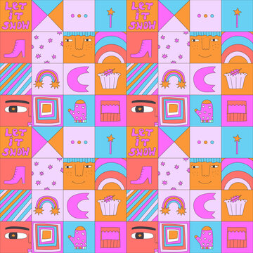 vector vintage square christmas poster.seamless pattern collage.Patchwork print of squares and small abstract illustrations.Psychedelic funky korean style.Nostalgia holiday back for stories, wrapping