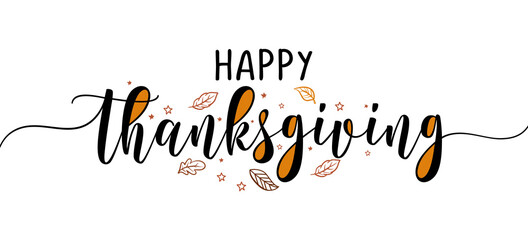 Happy Thanksgiving - Inspirational happy fall, autumn beautiful handwritten quote, gift tag, lettering message. Hand drawn autumn, November phrase. Handwritten brush calligraphy. Give thanks text.