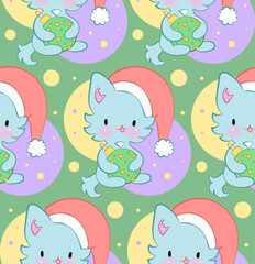 Seamless ornament with cute kittens in kawaii style. Vector pattern. Merry Christmas cats.