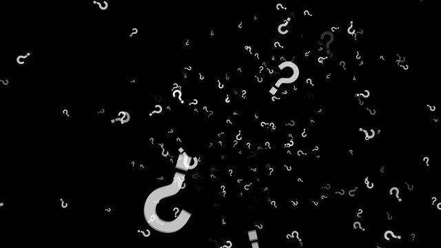 Question mark Particle on loop Animation. White Questions Particles in black background. Blurred zoom animation 
