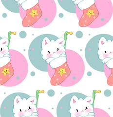 Seamless ornament with cute kittens in kawaii style. Vector pattern. Merry Christmas cats.