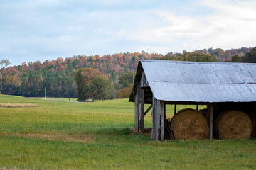 Agricultural background of hay under a shed in autumn