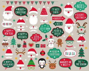 Fototapeta na wymiar Christmas vector party props (speech bubbles with holiday greetings, Santa red hats, decoration and design elements)