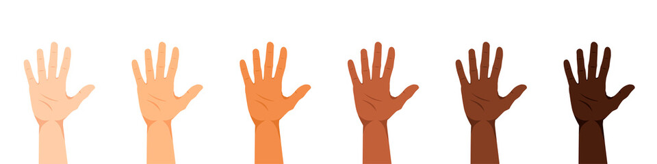 A set of hands of people of different nationalities and races: Europeans, Asians, Caucasians, African Americans, etc. Hands of different skin colors. Flat style. Vector illustration