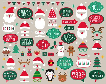 Christmas vector party props (speech bubbles with holiday greetings, Santa red hats, decoration and design elements)