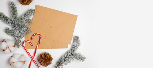 New year mail envelope craft paper for text on a background with Christmas decor. A letter to Santa...