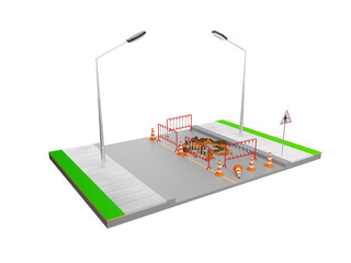 Damaged roads and road repairs under construction road signs maintenance and pavement construction 3d illustration