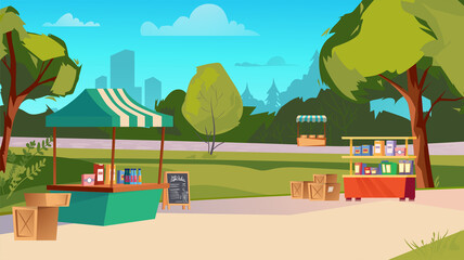 Park fair concept. Cityscape view with counters shop at fairground. Market with kiosks, selling fast food and drinks in public nature place. Vector illustration background in flat cartoon design