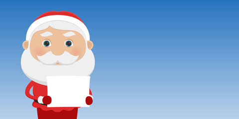 Santa holding blank sheet of paper. Christmas card with copy space. Vector illustration.