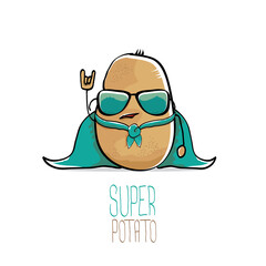 vector funny cartoon cute brown super hero potato with green hero cape and hero mask isolated on white background. My name is potato vector concept. super vegetable food character