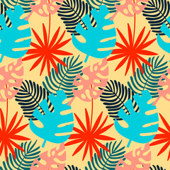 Monstera and palm seamless pattern, tropical leaf yellow red blue, vector