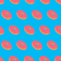 Seamless pattern, sweet dessert donut in sprinkles, pink blue color