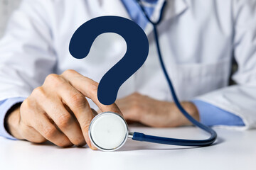 doctor with stethoscope and question mark. medical advice, health care confusion and faq concept - obrazy, fototapety, plakaty