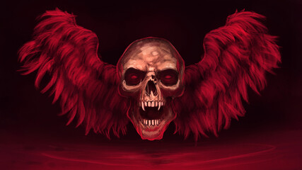 Digital painting of a hell skull with wings floating over a dark red pool of blood - fantasy illustration